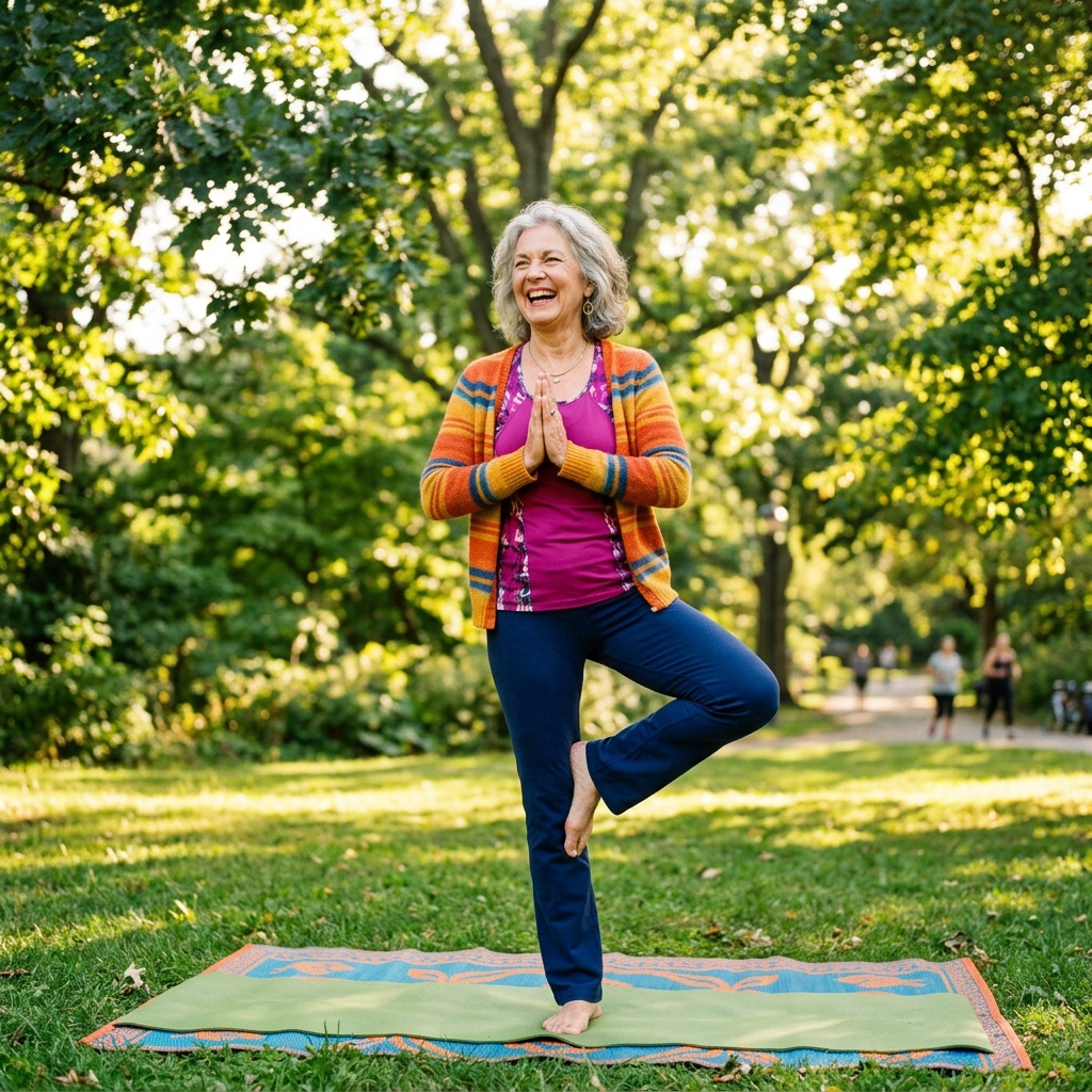 Adulta mayor activa y sonriente practicando actividad física en el parque