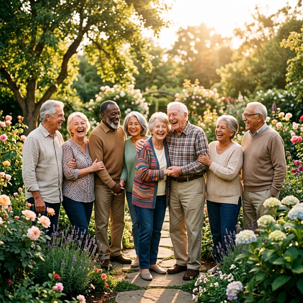 Grupo de adultos mayores sonriendo y disfrutando juntos al aire libre